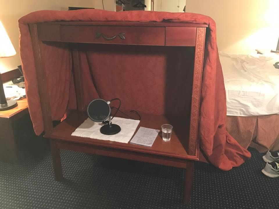 podToPod's tweet photo. Super creative studio solution to record while on the road. Thanks for sharing @everythingarts! #studiohack #podcasting https://t.co/zwoGjPLl2w