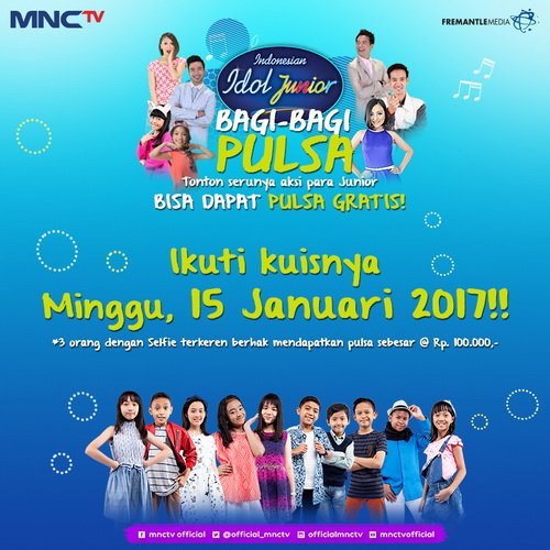 Yuhuuu! Sekarang nonton #IdoljrBattle bisa dapat pulsa gratis! Dapatkan pulsa Rp. 100.000 dengan selfie saat program tayang Minggu pkl 15:30
