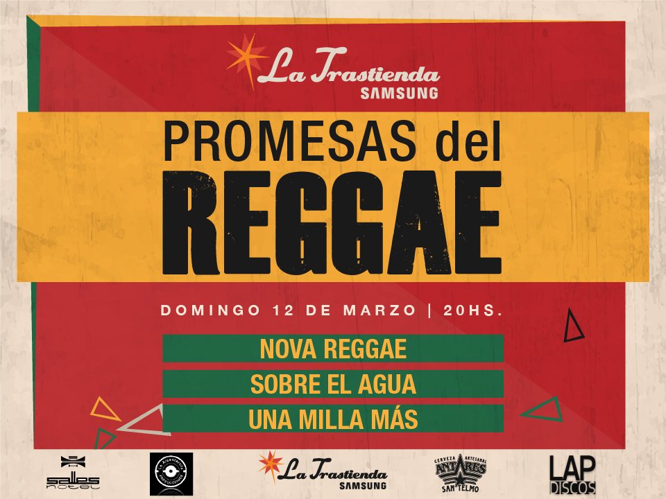 Alcantarillapro's tweet photo. Domingo 12/03 a las 20hs #PromesasDelReggae en @LaTrastiendaBA con #NovaReggae, @SeaSonando y #Unamillamas. Te esperamos! https://t.co/nCc6zq9DLi