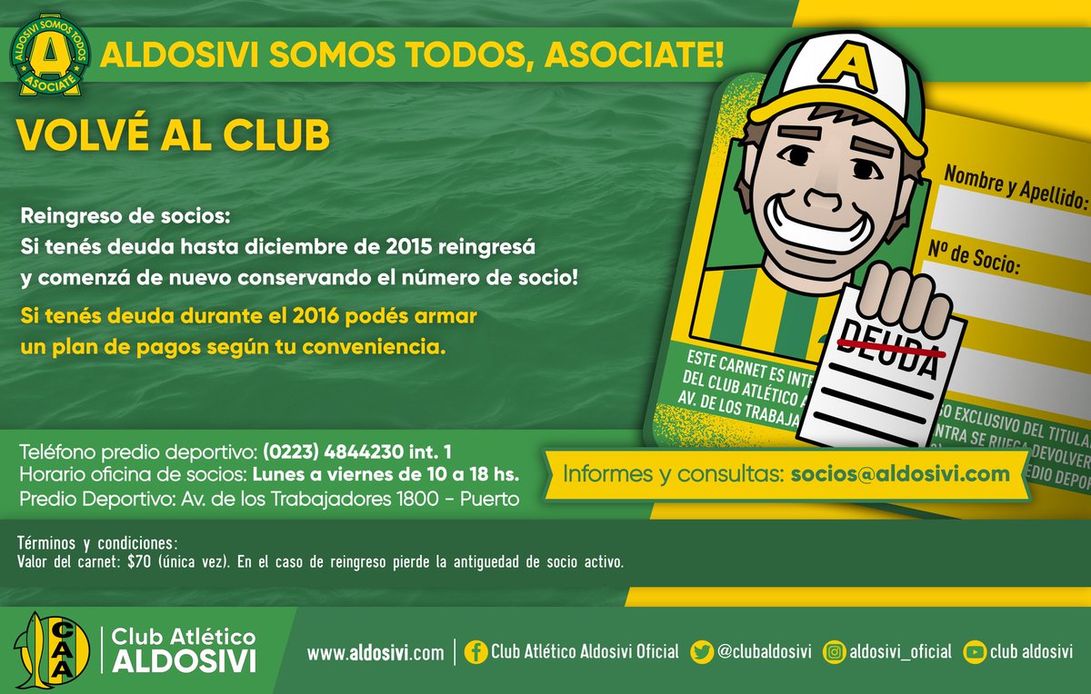 clubaldosivi's tweet photo. 🔰 #AldosiviSomosTodos
🔆 #VolveAlClub
Tel #Predio 484-4230
socios@aldosivi.com https://t.co/HZeoJeH3St