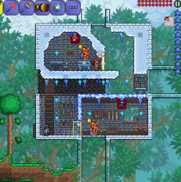 dam_Terraria's tweet photo. 本命世界の建築途中の拠点。
ニコニコ動画の「Terraria 1.3を楽しむ」って字幕プレイにあったTDS(豆腐ドッキングシステム)を参考にしています。

右下と左上は可愛くできたと思う！
右上は完全に手抜きで左下は途中まで作って方向性を見失ってる。
センスほしいー。 https://t.co/lOT21ySKah