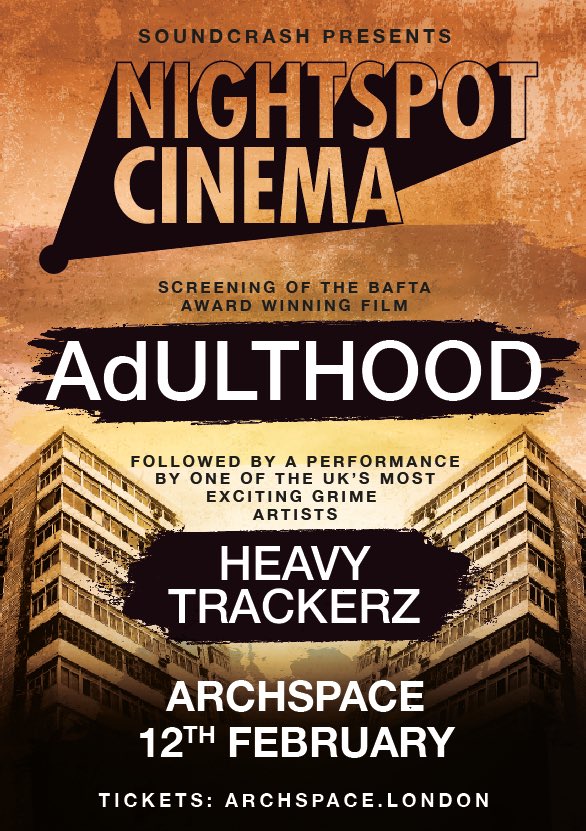nightspotcinema's tweet photo. We're screening #adulthood with #soundcrash on 12th of Feb 

Performance from #theheavytrackerz 

Tickets:https://t.co/uF3B95AfKU https://t.co/cdB45mNQAK