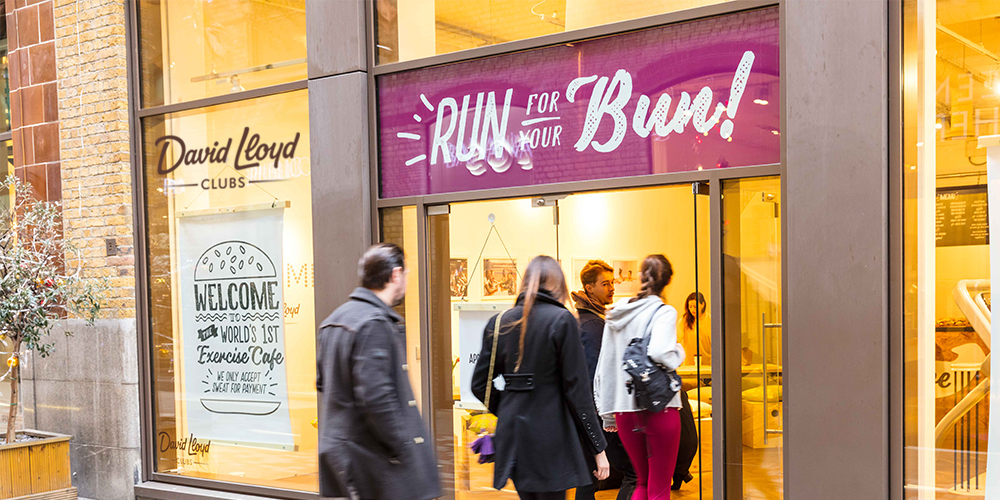 DavidLloydUK's tweet photo. Leave your wallets at home. Our pop up café in London only accepts exercise as payment for food. #RunForYourBun https://t.co/ilAVzvOB2A