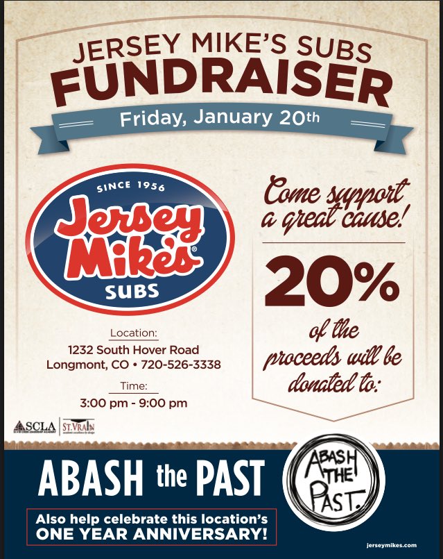 abashthepast's tweet photo. Come support #abashthepast on January 20th from 3pm-9pm at @jerseymikes in Longmont, Co! https://t.co/tUB3ymaXMP