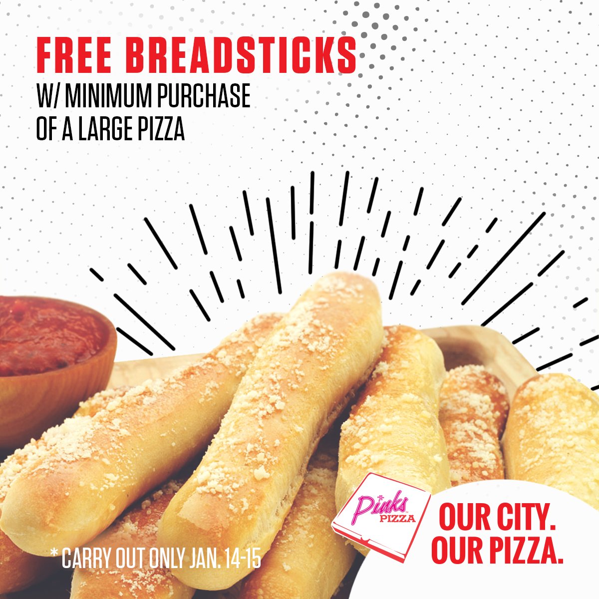pinkspizza's tweet photo. Watch this weekend's game with Free Breadsticks w/ the minimum order of a large pizza ( Jan. 14-15, carryout only)- just mention this post! https://t.co/vYOnM1GywO