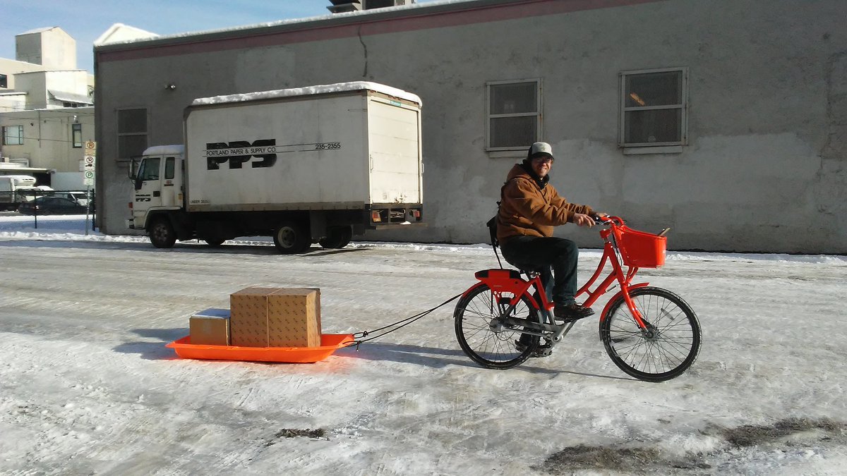 Shop truck is stuck in the snow today, so <a href="/BIKETOWNpdx/">BIKETOWNpdx</a>  &amp; sled are our 🚚 for grabbing supplies &amp; hardware at Winks in the <a href="/CEIDportland/">CEID Portland</a>