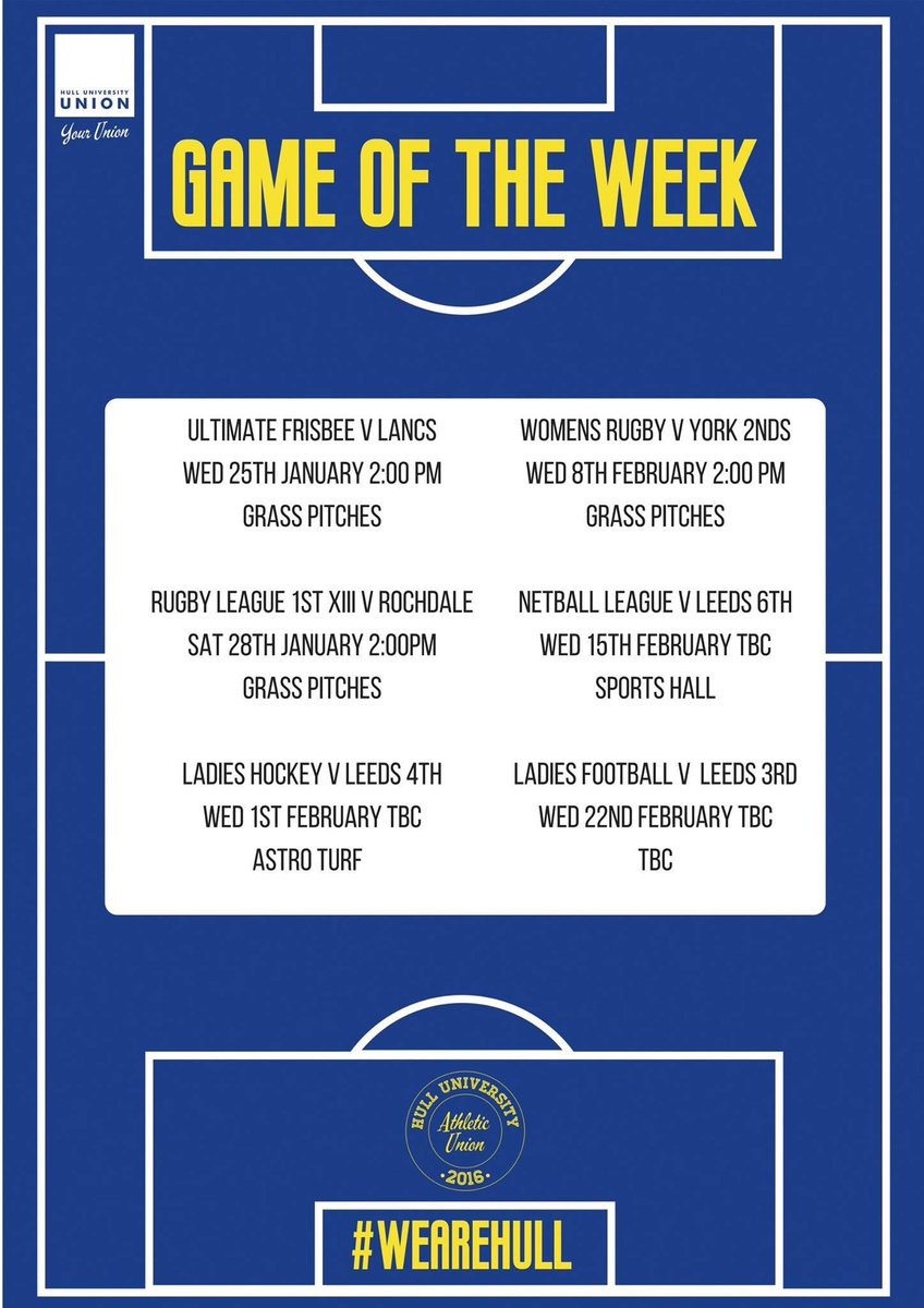 HUSUSport's tweet photo. We've confirmed the upcoming big games not to miss! Game Of The Week is back. @Hullstudent #WEAREHULL https://t.co/q4C6rEbHoH