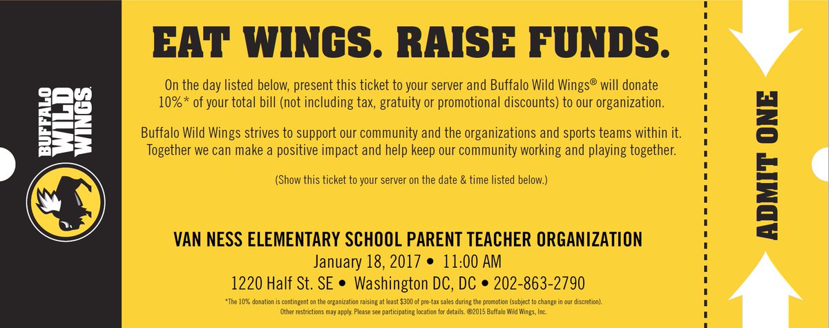 Eat at <a href="/BWWings/">Buffalo Wild Wings</a> Navy Yard location on Wednesday 1/18 &amp; they will donate 10% to <a href="/VanNessDCPS/">Van Ness Elementary</a>! Just mention Van Ness!