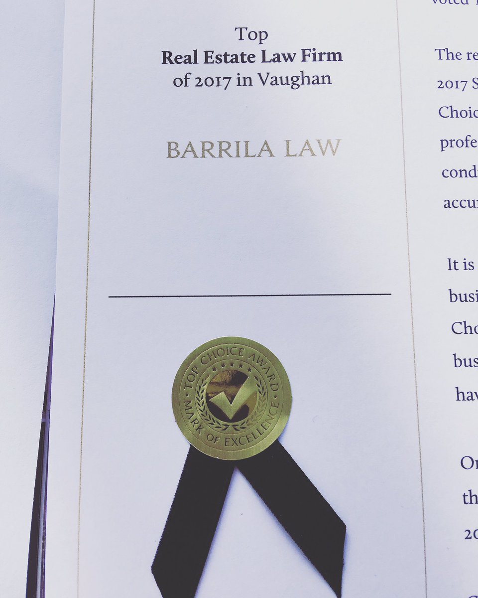 BarrilaLaw's tweet photo. Thank you for making Barrila Law, Top Real Estate Law Firm of 2017 in Vaughan, for the 2nd year in a row!! #barrilalaw https://t.co/E13wtgdys9
