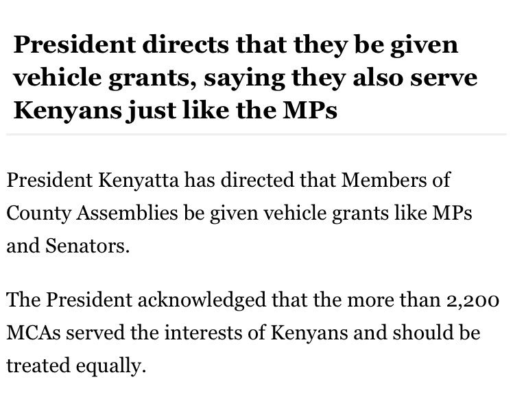bonifacemwangi's tweet photo. President Kenyatta directed that Members of County Assemblies be given vehicle grants (free cash) but he won't pay doctors? #LipaKamaTender https://t.co/n4DrWDY5WE