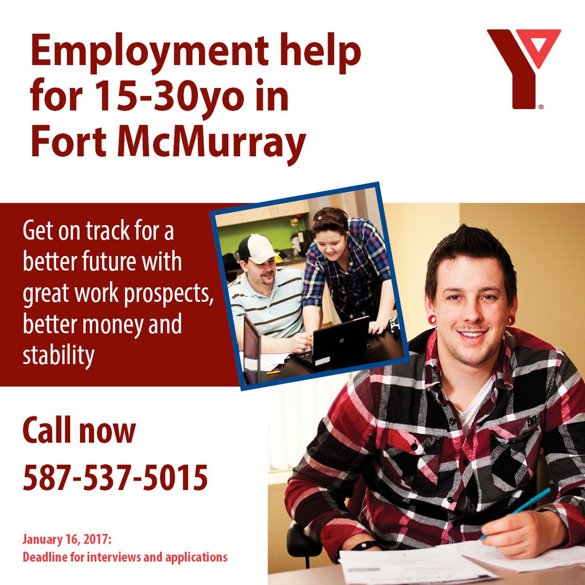 YMCAWoodBuffalo's tweet photo. Pls RT in #ymm: Employment help for 15-30yo. 8wk paid program w/ 12wk paid workterm. Apply by Jan 16 #ymmyouth #ymmhelps #ymmjobs https://t.co/wRRyB8qj2e