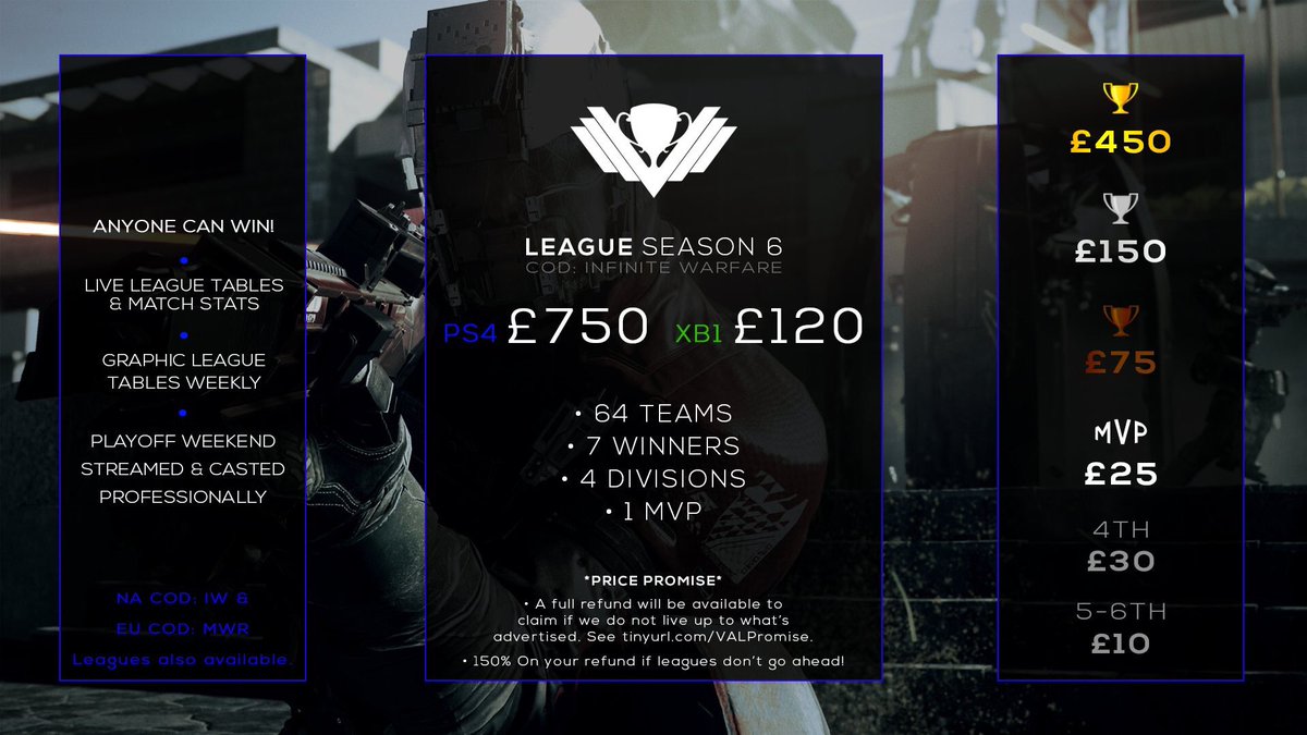 VAL_COD's tweet photo. Season 6 registrations are now OPEN!

7 Winners!
ONE Massive £750+ prize pool!

RT &amp; Contact to enter!

@DNR_CREW @ShoutGamers https://t.co/03yAbimWlz