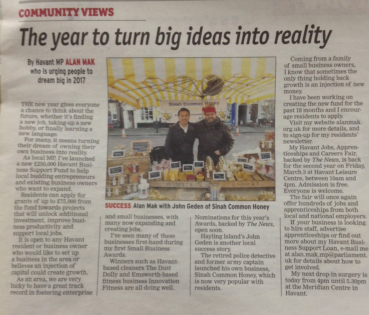 AlanMakMP's tweet photo. My #Havant MP @portsmouthnews column today: I've launched a new £250K Business Support Fund for local residents wanting to start a business https://t.co/bXI8chBgpn
