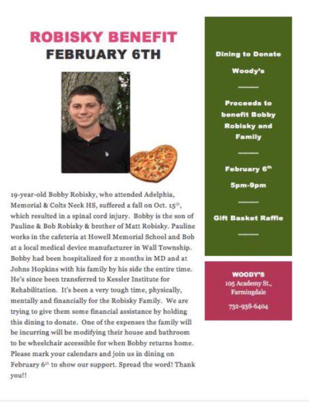 CNFootball_'s tweet photo. Dine to Donate at Woodys on February 6th from 5pm-9pm for Bobby Robisky and his family. A very good cause please spread the news. https://t.co/IPnaQm2aO1