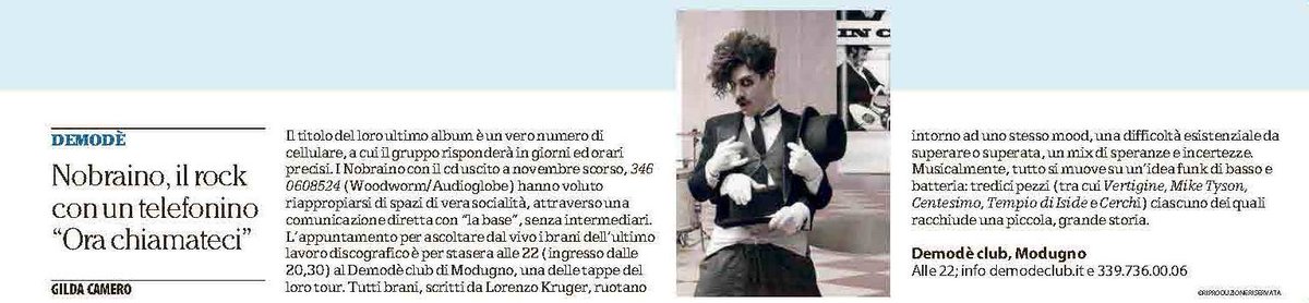 locustabooking's tweet image. &quot;La Repubblica&quot; dedica un articolo ai Nobraino per il live di stasera al @DemodeClub
goo.gl/wFZg8f
@woodwormusic / @bigtime_roma