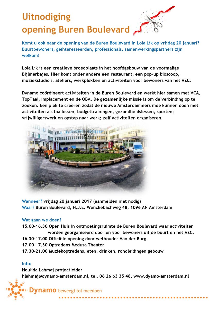 Dynamo020's tweet photo. Opening #BurenBoulevard in #LolaLik #AZCWenckebachweg 20 januari. Iedereen welkom! #Dynamo #VCA #TopTaal #Implacement #OBA https://t.co/whcP81yT11