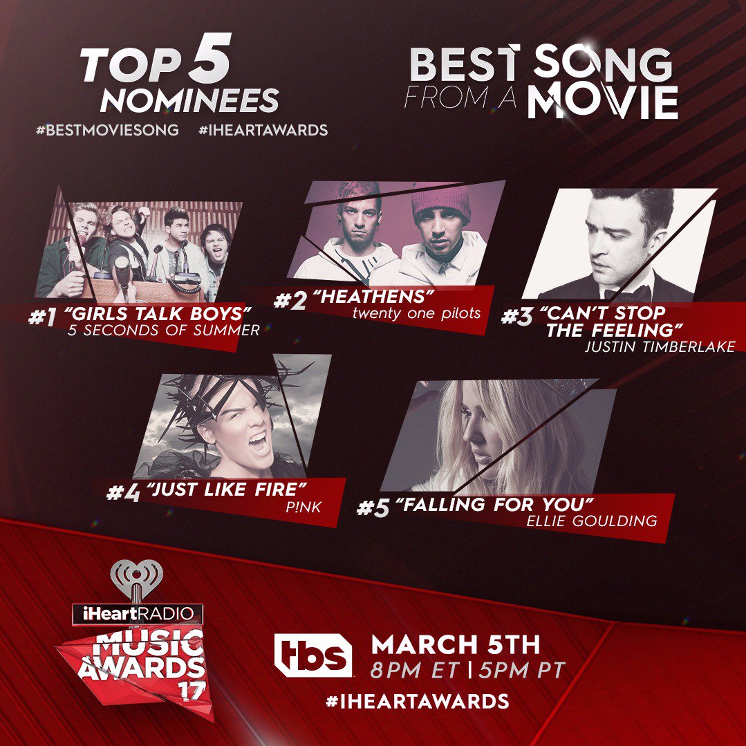 iHeartRadio's tweet photo. After a week of voting, here is your #BestMovieSong Leaderboard for our #iHeartAwards! Continue to vote now! https://t.co/TEWj7FrGCN
