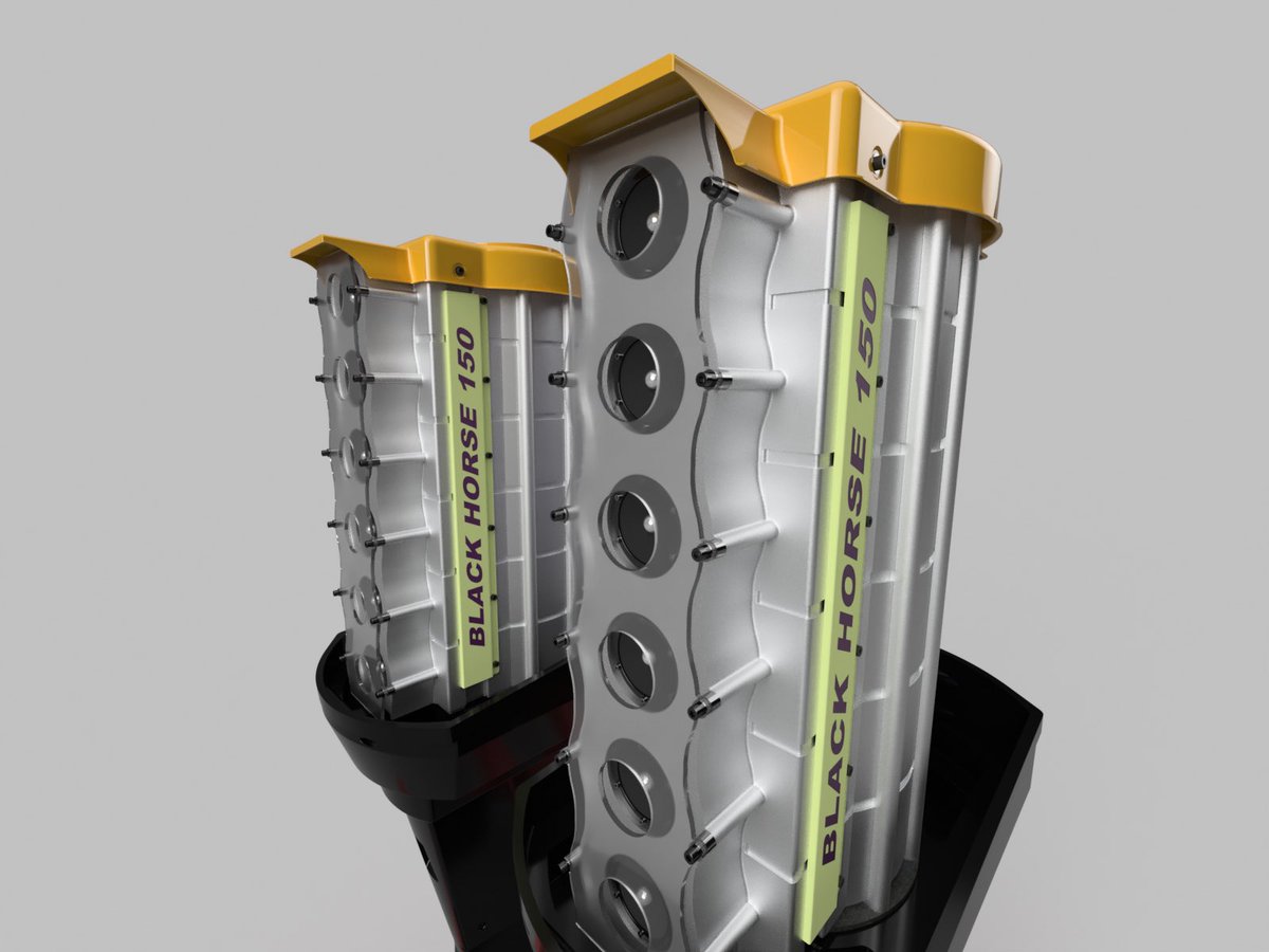 stevenlaurie's tweet photo. Project Black Horse 150. #soundbased #engine #outboard #contemporaryart #poweredbymetal #stackedsix #3drendering #3D #autodeskfusion360 https://t.co/jUtCJS3VuQ