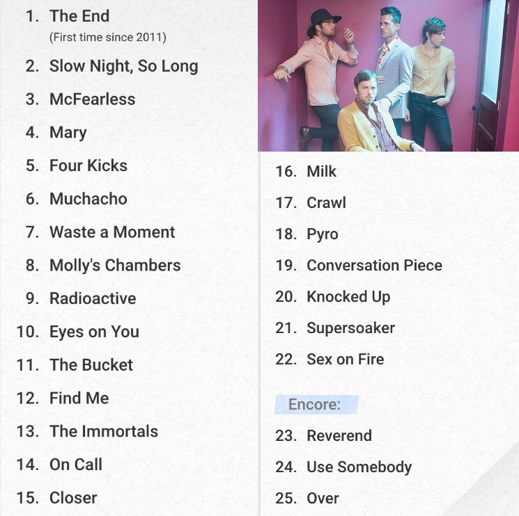 KOLpics's tweet photo. Last night's set list. #WALLSWorldTour2017 #KOL https://t.co/4rMsn9zPh4
