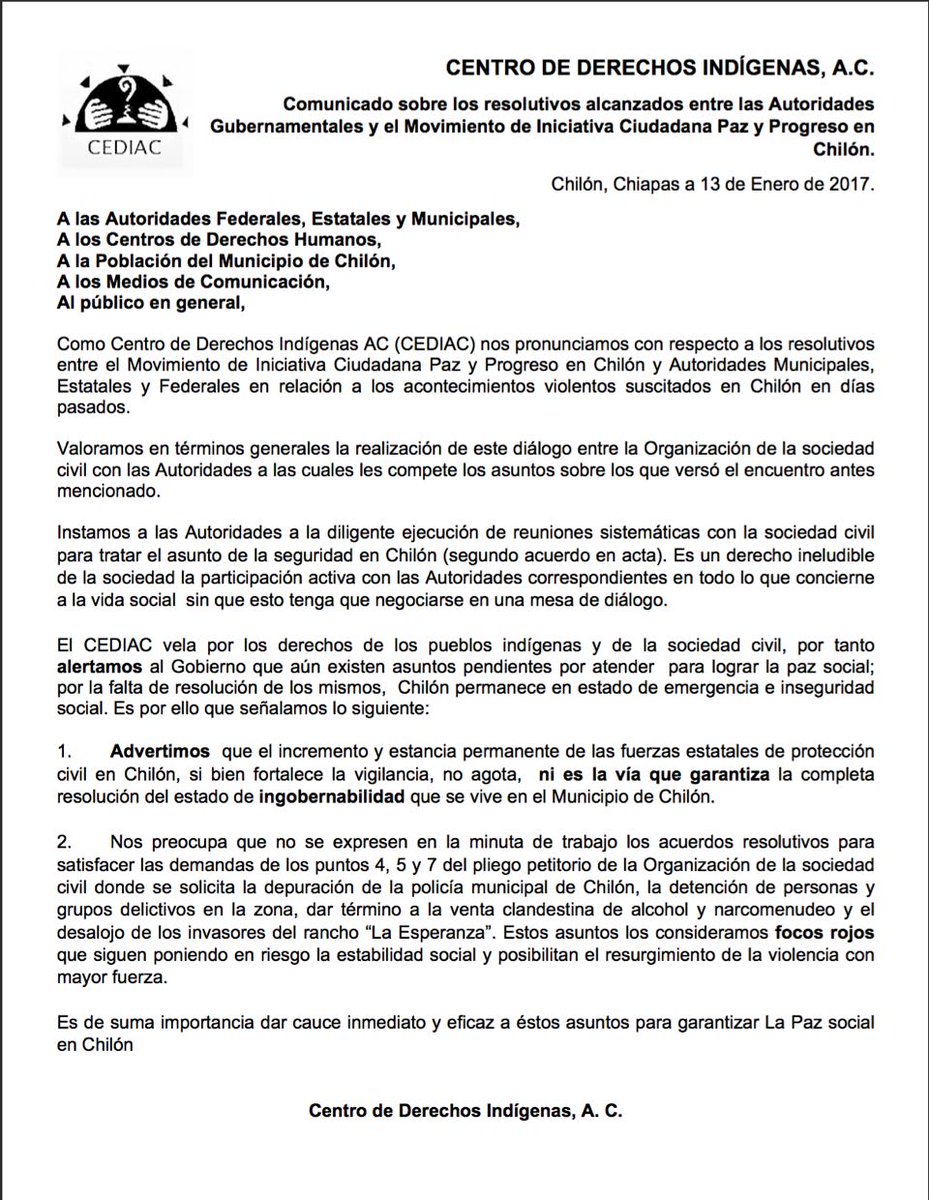 Comunicado con respecto a los resolutivos entre el Movimiento de Iniciativa Ciudadana Paz y Progreso en Chilón y Autoridades Municipales.