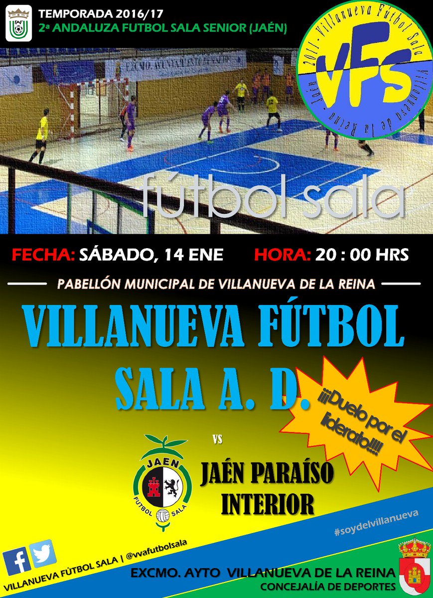 vvafutbolsala's tweet photo. Mañana a las 20:00 partidazo en Villanueva de la Reina
Primero contra segundo
@vvafutbolsala vs @JaenFSbase 
No te lo pierdas
#vvafs https://t.co/VYABvzGqzI