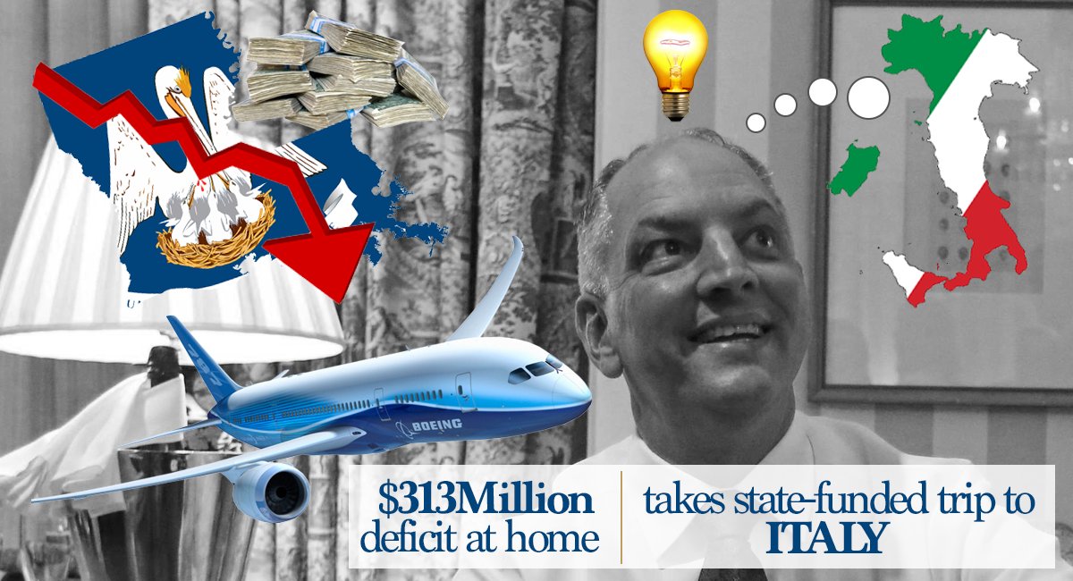 LAGOP's tweet photo. Make taxpayers fund your trip to 🇮🇹, while we face a deficit. Yet another brilliant idea by @louisianGov. #priorities #Dishonorcode #lalege https://t.co/ITAGThAua9