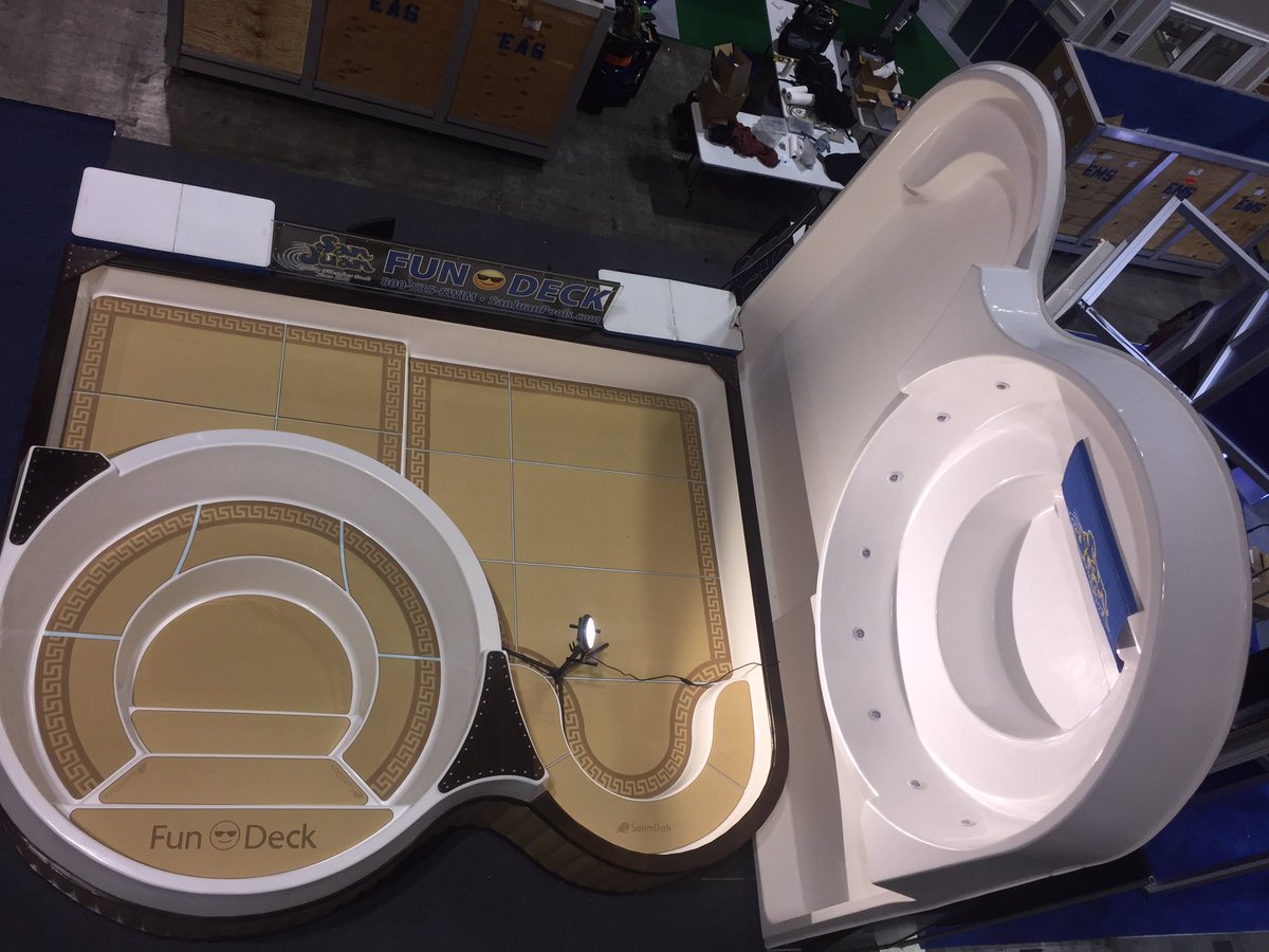 ✅ San Juan fiberglass pool new fun😎deck on display at the international homebuilder show in Orlando Florida. SanJuanpools.com