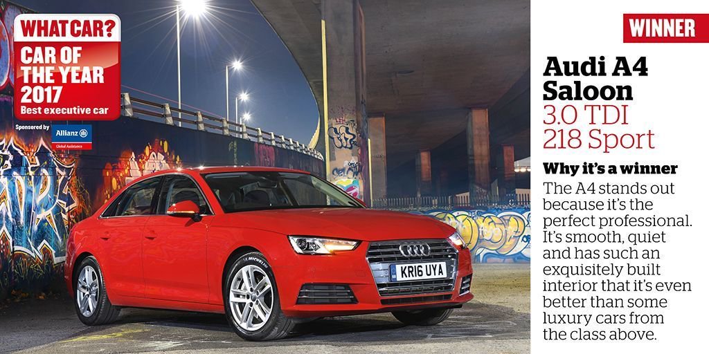 whatcar's tweet photo. Last year's Car of the Year, the @Audi A4, wins this year's Executive Car of the Year award https://t.co/ZDOkbSQwO6 #whatcarawards https://t.co/NCthovkBZS