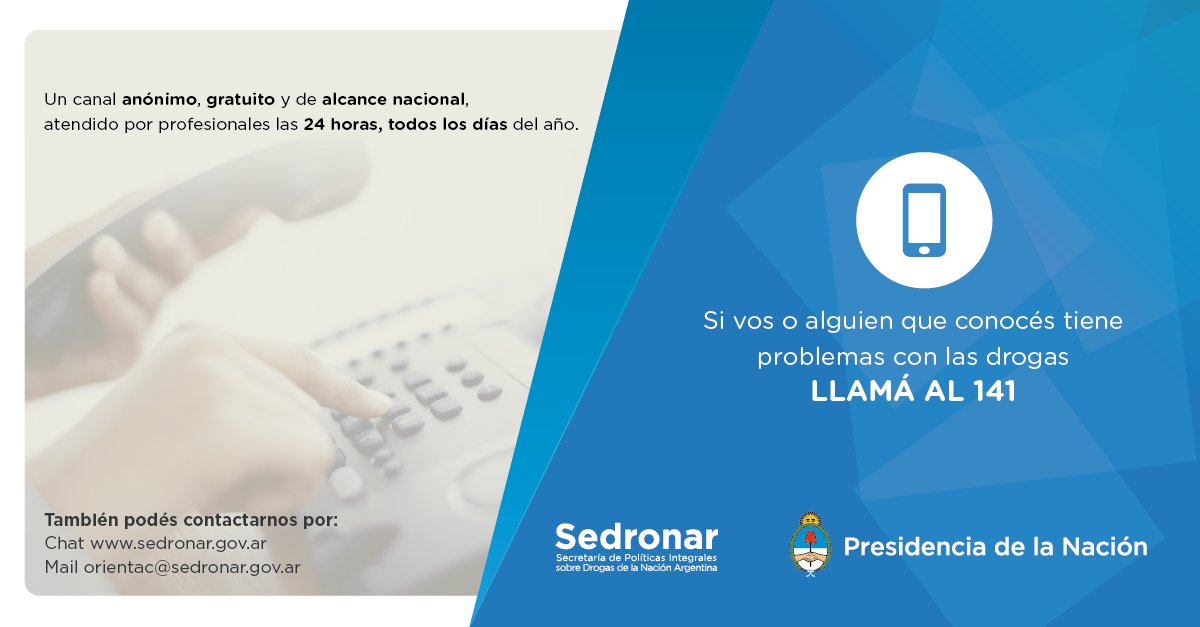 Sedronar's tweet photo. Si necesitás ayuda #LlamáAl141, un canal anónimo, gratuito y de alcance nacional. https://t.co/InsAIqltG9