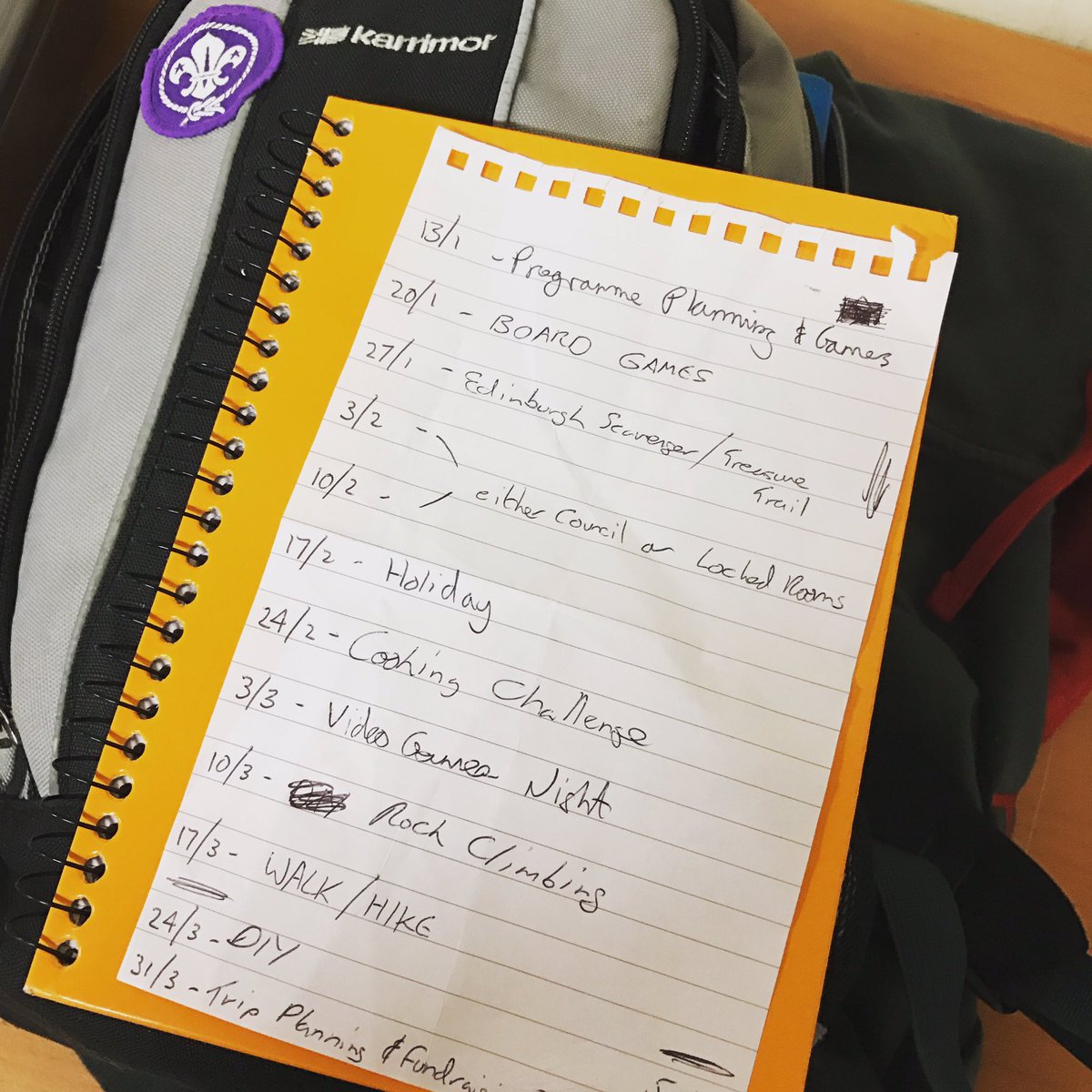 BonnyriggESU's tweet photo. That's our programme planned for the next 10 weeks. Should be a lot of fun! #iScout #ScoutinginMidlothian https://t.co/gL2kreY81L