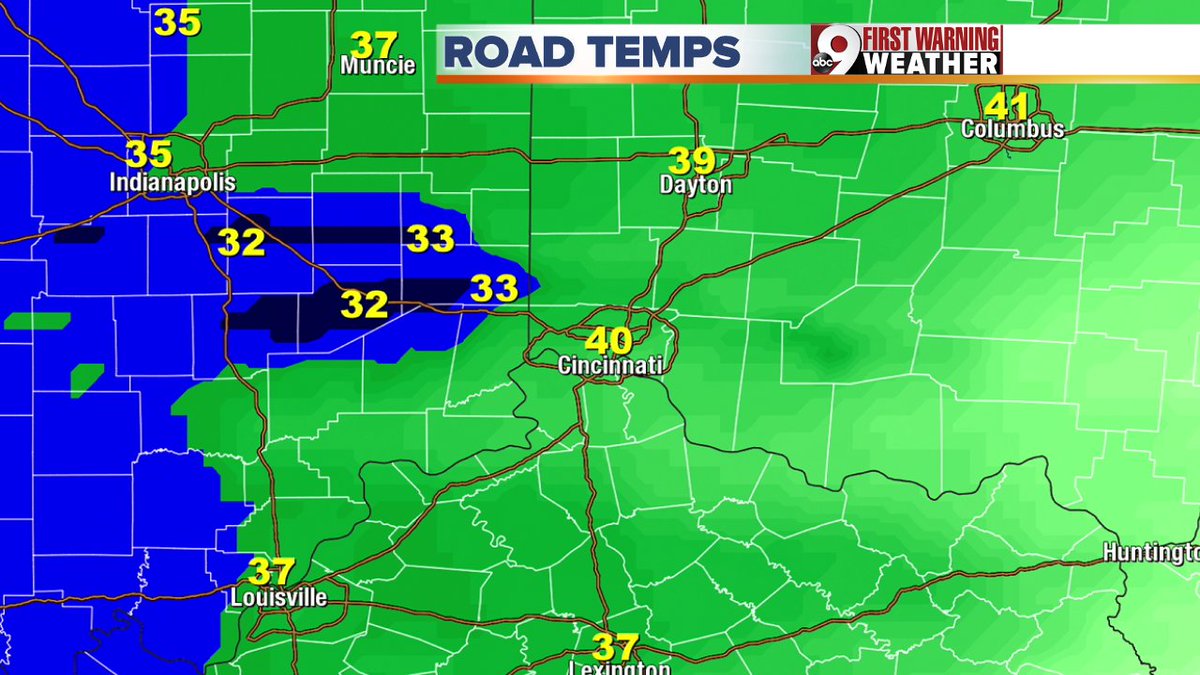 Cincywxman's tweet photo. 9 First Warning Doppler: Road temps already falling to/near freezing Watch out there @wcpo #cincywx #inwx https://t.co/bweoCthekv