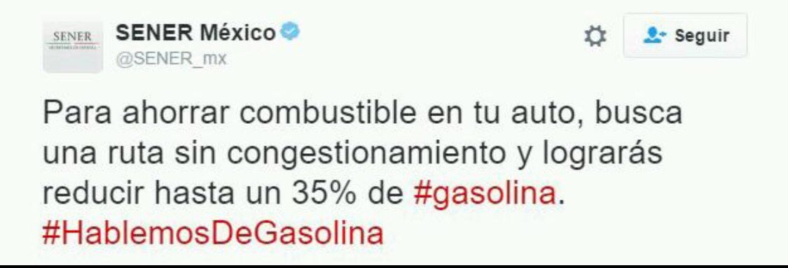 Para ahorrar combustible la <a href="/SENER_mx/">SENER México</a> recomienda no prender el coche, solo súbanse.
