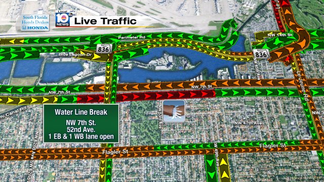 WATER LINE BREAK: NW 7th St. near 52nd Ave. Two lanes are open, one running EB & one running WB. #TRAFFIC #MIAMI https://t.co/2HX9h7A4Jl
