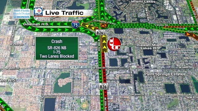 CRASH: SR-826 NB & I-75. Two lanes are blocked; expect delays. #TRAFFIC #MIAMI https://t.co/F2x1Pu1Nfb