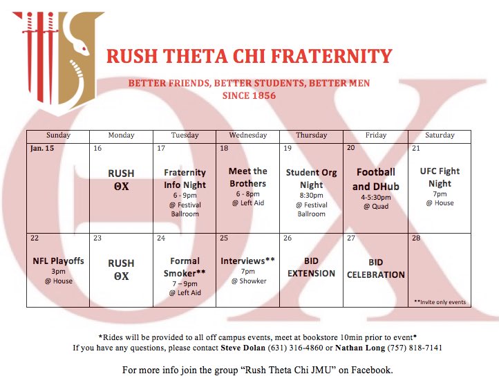 ThetaChiJMU's tweet photo. Rush is right around the corner, here is our schedule for the next two weeks! #RushTheOX https://t.co/Y13xAmuGAV