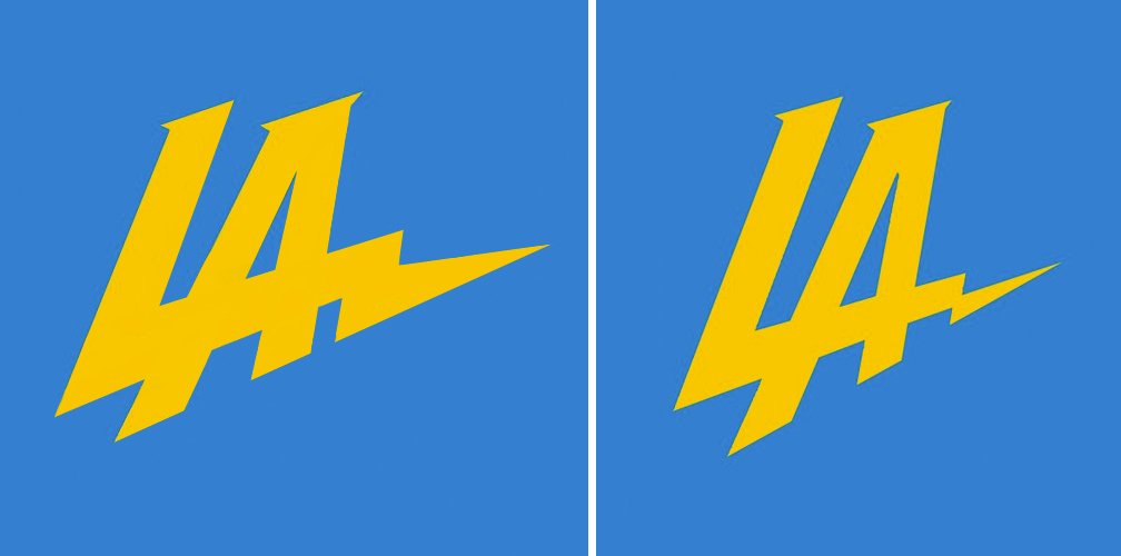 burncreative's tweet photo. The bolt is too thin and weak. Some areas need to be thicker, and angles/proportions adjusted.

Chargers logo https://t.co/CdKa7KQtRS