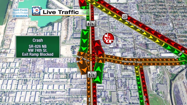 CRASH: SR-826 NB & NW 74th St. An exit ramp is blocked. Expect delays. #TRAFFIC #MIAMI https://t.co/ojrhX7pomN