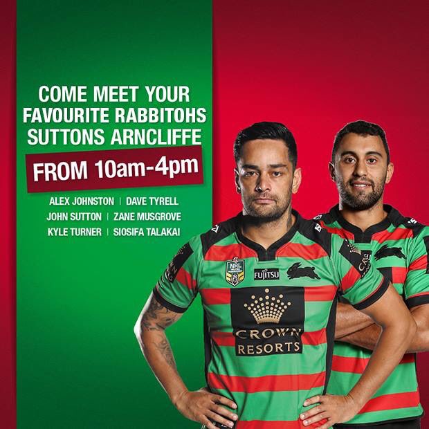 Meet the players today at <a href="/suttonssouthsyd/">Suttons South Sydney</a> Rosebery and Arncliffe from 10am-4pm! 

bit.ly/2j8Msn5

#GoRabbitohs