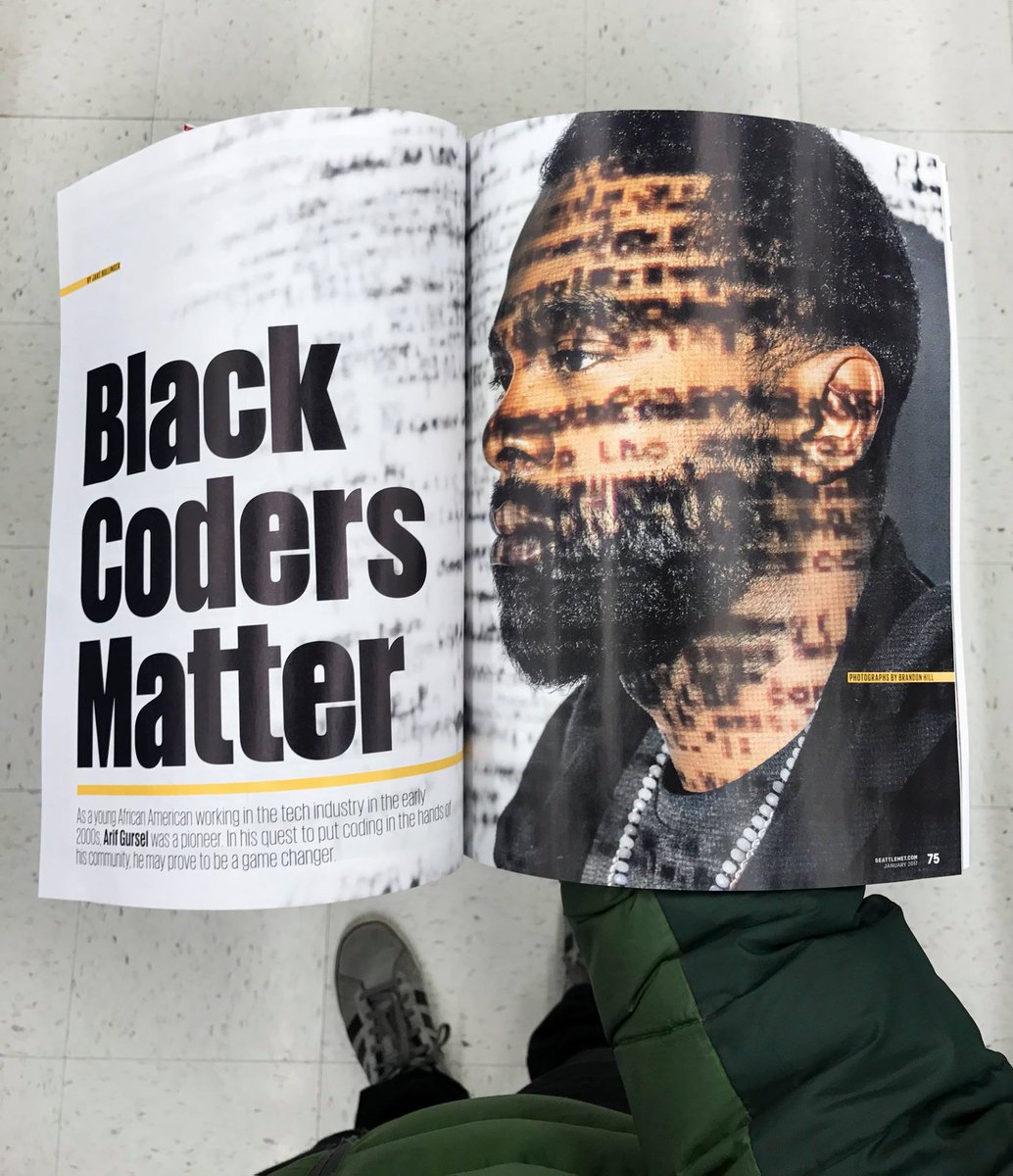 BHillPhotos's tweet image. On newsstands! I photographed this #BlackCodersMatter piece for @SeattleMet by using code projected on skin as my lighting.