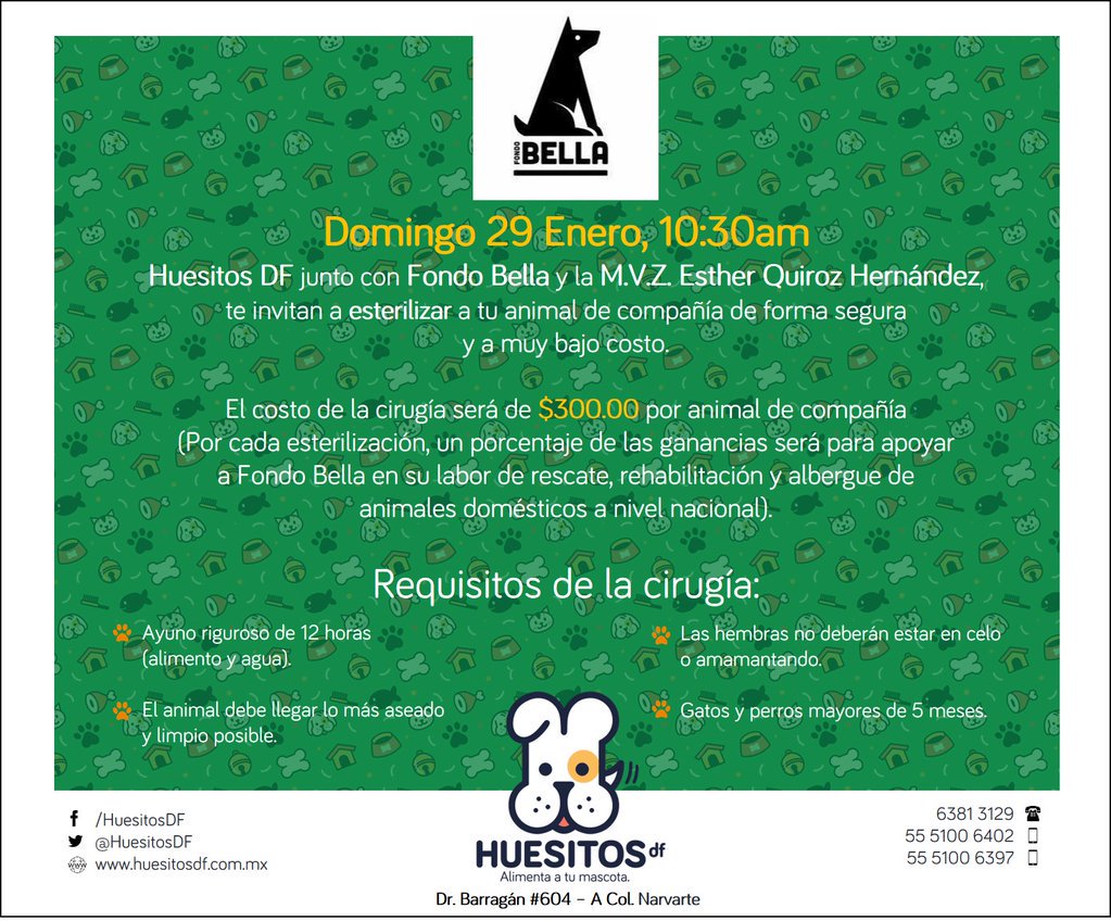 HuesitosDF's tweet photo. Aparta el domingo 29 de Enero, en el Huesilocal habrá campaña de esterilización a beneficio de @FondoBella 
🐕🐈 https://t.co/ZSKx7CCoIj