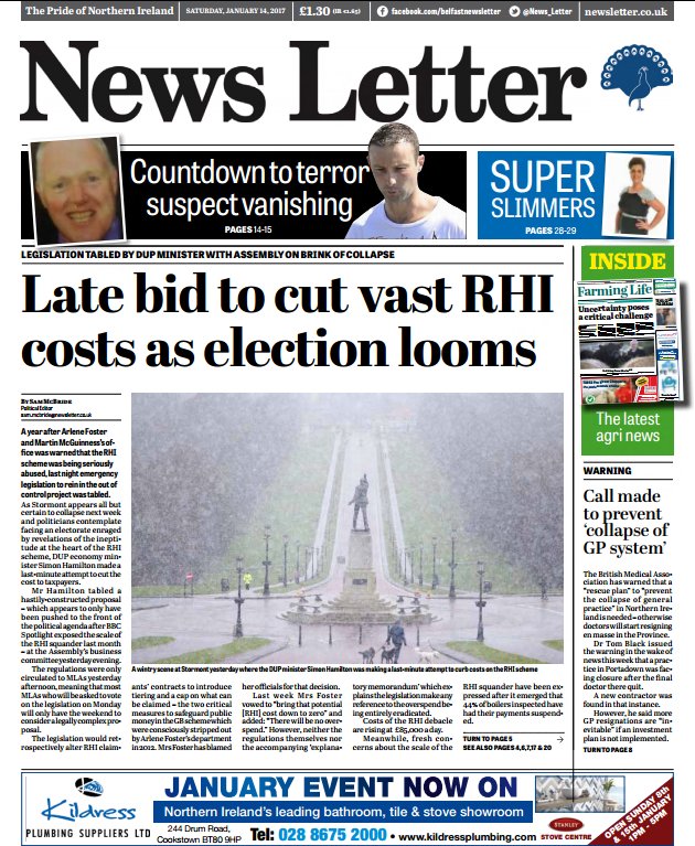 SJAMcBride's tweet photo. Saturday's News Letter front page: Having known of vast RHI bill for a year, DUP minister in last-minute bid to cut costs as election looms https://t.co/HHblGY6qOH