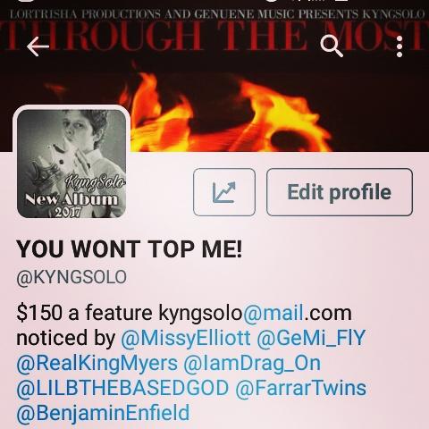 KYNGSOLO's tweet photo. I wish @JODYHiGHROLLER would follow me too. #KYNGSOLO #mixtape #dope #🔥 #kyrappers #femalerapper #firetrack #newsong #rapper #underratedrap https://t.co/TVNLnA1VI5