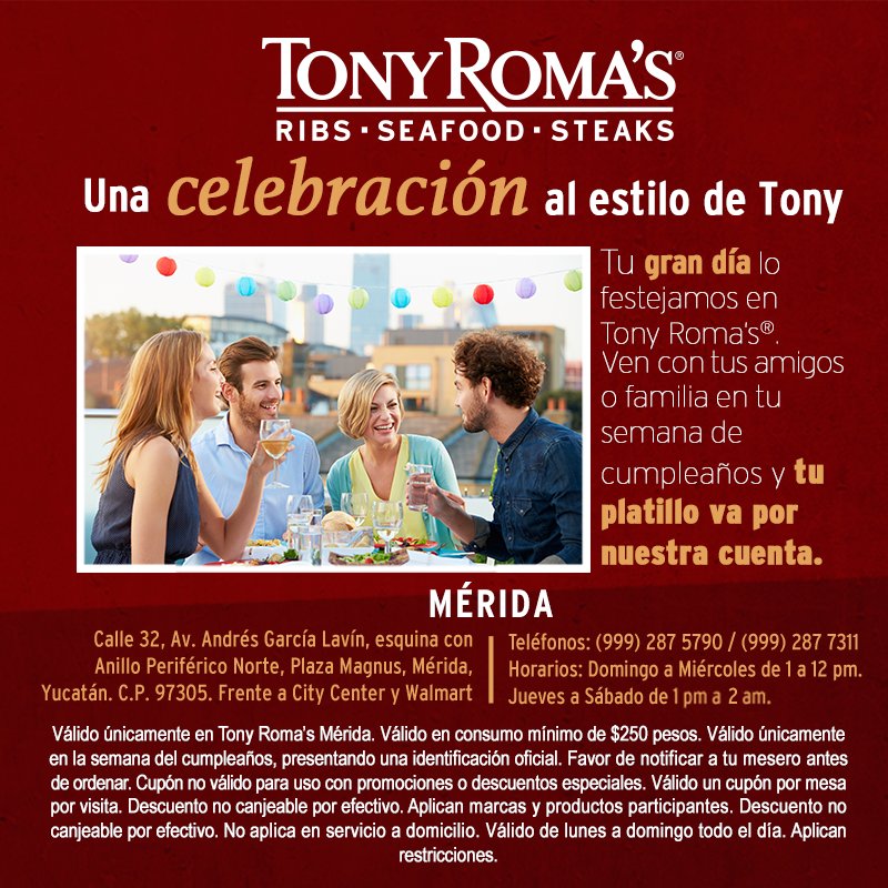 TonyRomasMexico's tweet photo. Celebra en Tony Roma's. Pasa un momento especial de la mejor posible. https://t.co/F5qGisA5ea