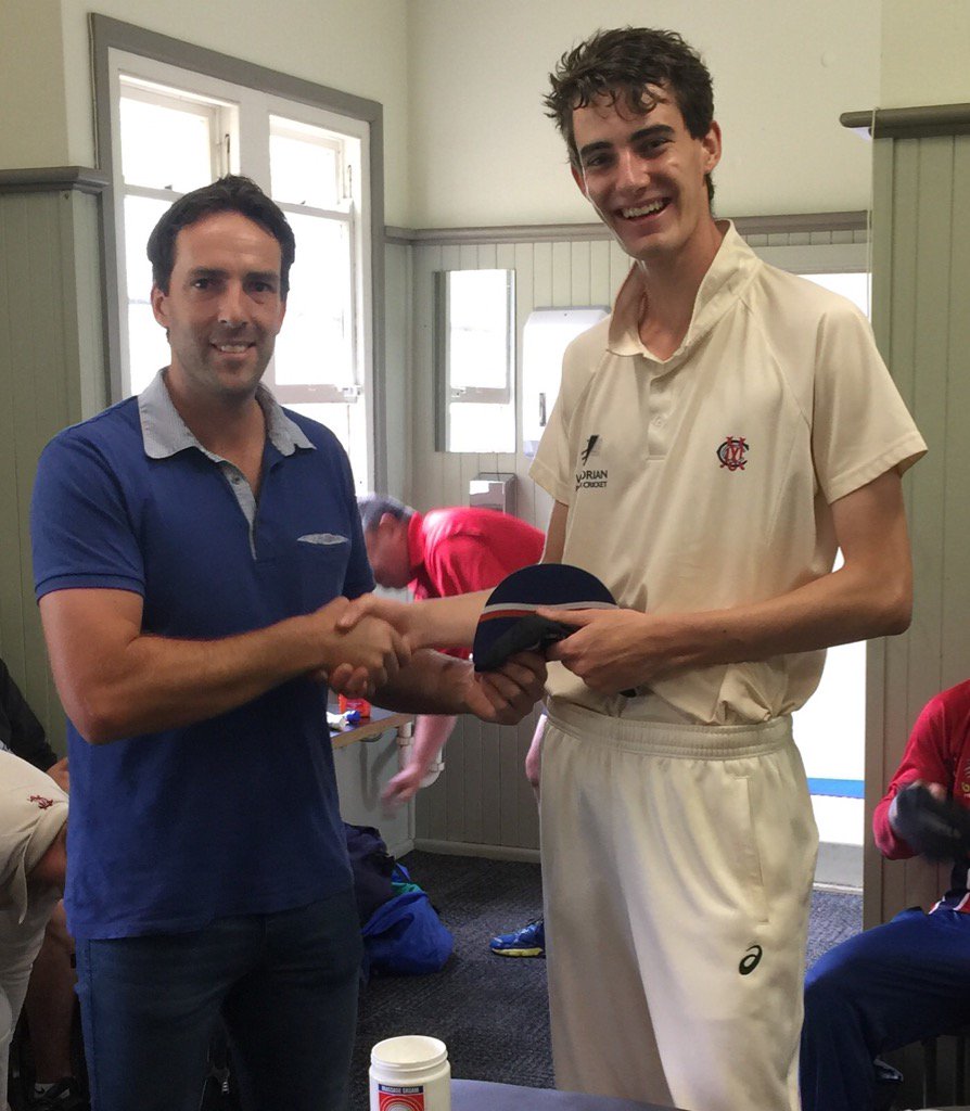 Exciting!
<a href="/MelbCC/">Melbourne CC</a> 1stXI debut Glenn Hannah receiving his cap from former <a href="/nestlescc/">Nestles Cricket Club</a> <a href="/WDCAcricket/">Warrnambool Cricket</a> player <a href="/jhuddart79/">Jon Huddart</a>