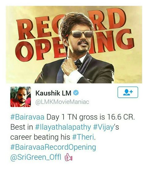 ActorVijayFan1's tweet image. #HappyPongal to All #Ilayathalapathy #Vijay Fans 
#Bairavaa 1st Day TN Collection almost 17 Cr.