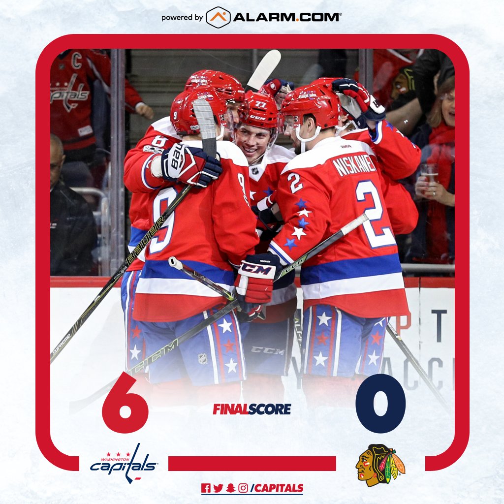 Capitals's tweet photo. #CapsHawks FINAL SCORE powered by @AlarmDotCom : #Caps 6 - Blackhawks 0 #RockTheRed https://t.co/tDowo0cbyC