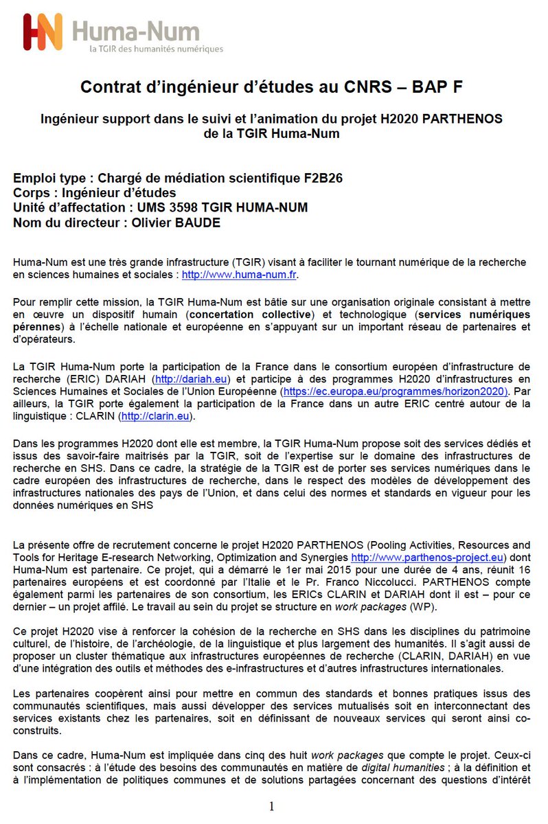 StephNetto's tweet photo. #Emploi d'ingénieur d'études #CNRS #Huma_Num projet #Parthenos_EU. Deadline : 27/01 https://t.co/BBZ3i3dBGq
