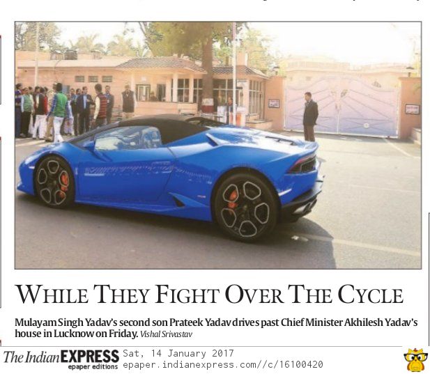 SushantSin's tweet photo. And on @IndianExpress Page 1, this picture from Lucknow... while they fight over the bicycle. https://t.co/MIwncmopFh