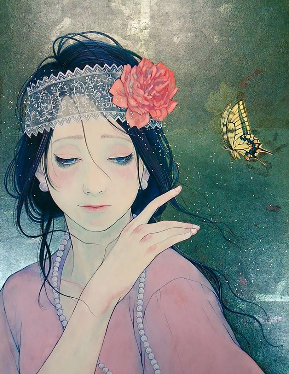 「厭世家の庭」イヂチアキコ　日本画 女性の肖像 金色の背景 厭世家の庭」イヂチアキコ 日本画 女性の肖像 金色の背景 pixivを美術