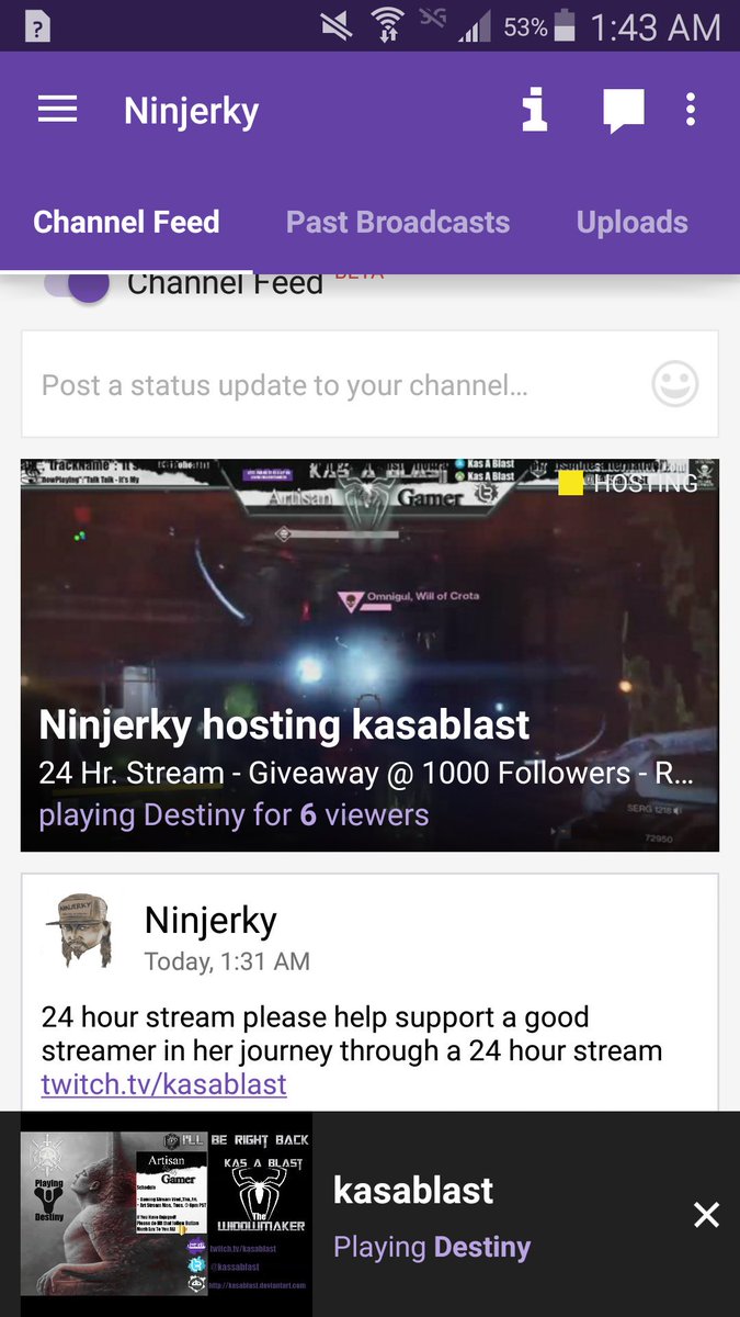 Come support <a href="/kassablast/">kassablast</a> in her journey through a 24 hour stream. 1000k follower goal <a href="/Xbox/">Xbox</a> <a href="/Bungie/">Bungie</a> <a href="/DestinyTheGame/">Destiny 2</a> <a href="/twitch/">Twitch</a> <a href="/JSniperton/">JSniperton</a>